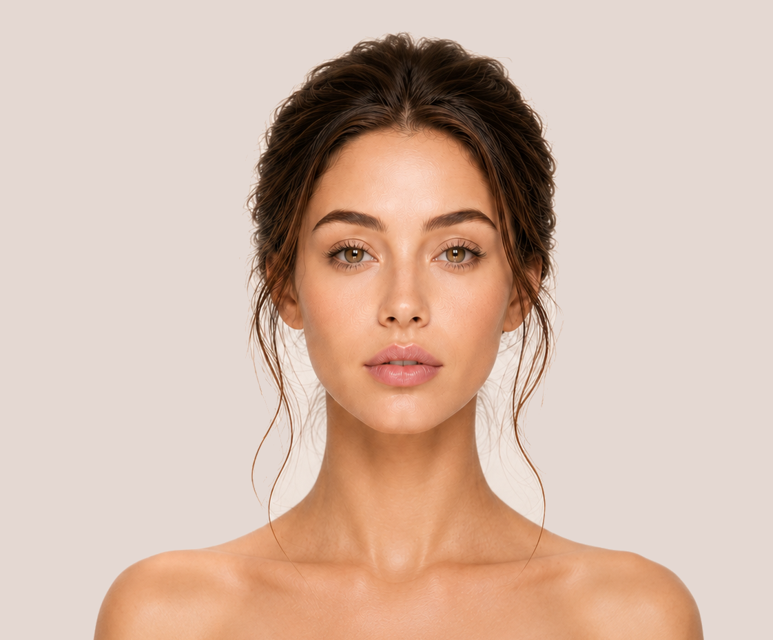 Shoulder-up portrait illustrating cheek and lip filler treatment areas with the image cropped above the chest.